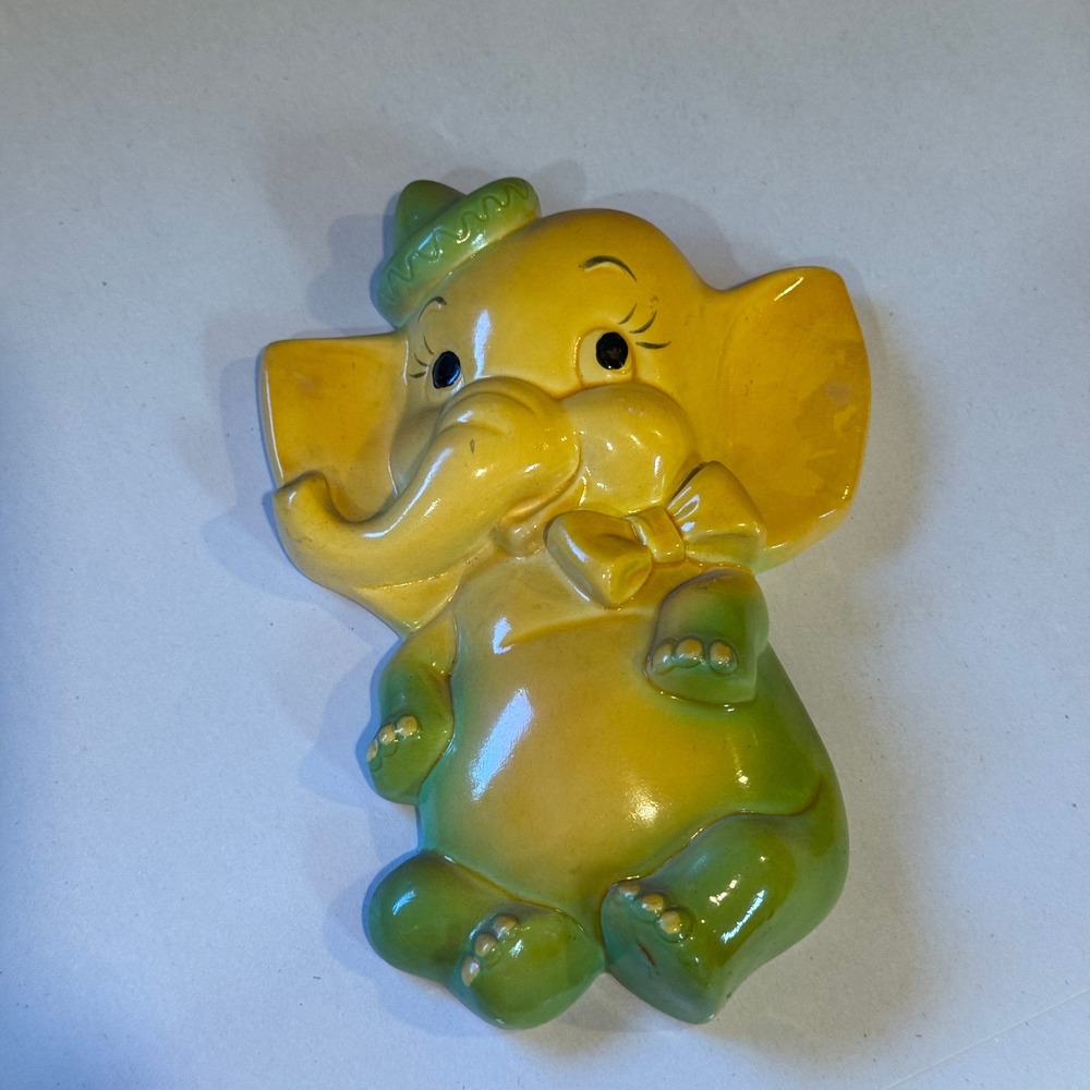 Vintage 50s Miller Studios Elephant Wall Plaque Yellow Green Retro Nursery Decor